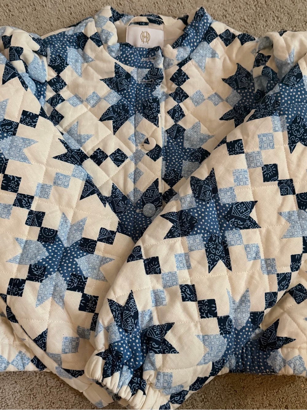 House of Harlow 1960 Quilted Patchwork Bomber Jacket in Navy and Cream
